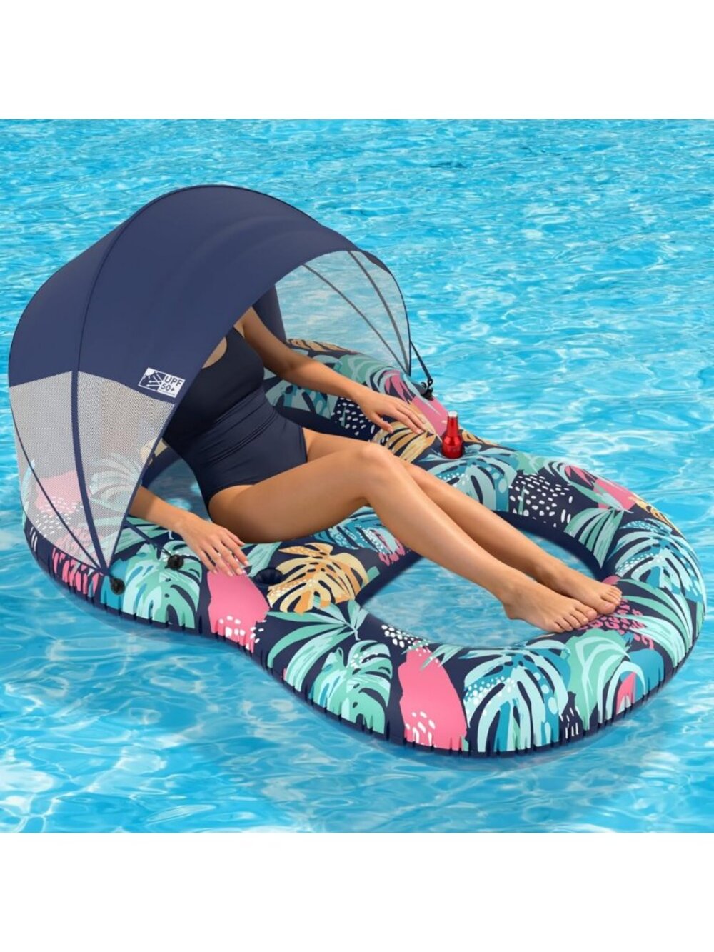 Adult Pool Float with UPF 50+ Sunshade, Inflatable Lounger, Headrest & Cup